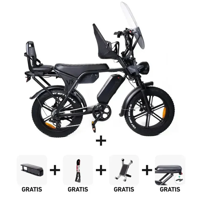Ouxi V8 Max Family Bike 2026 Special Edition - Dubbele Accu, Inclusief Voor- en Achter Kinderzitje & Windscherm